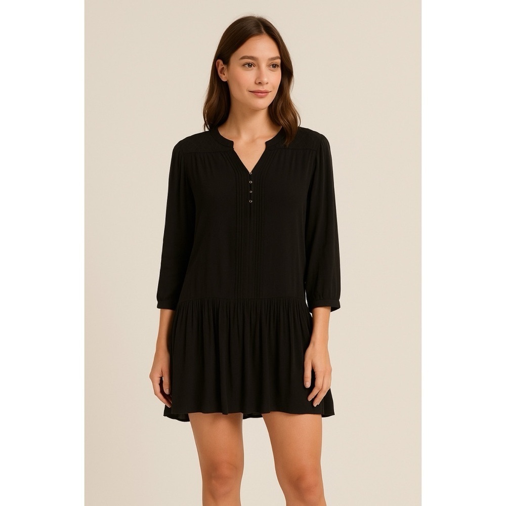 Anthropologie Black Mini Dress with Henley Neck
